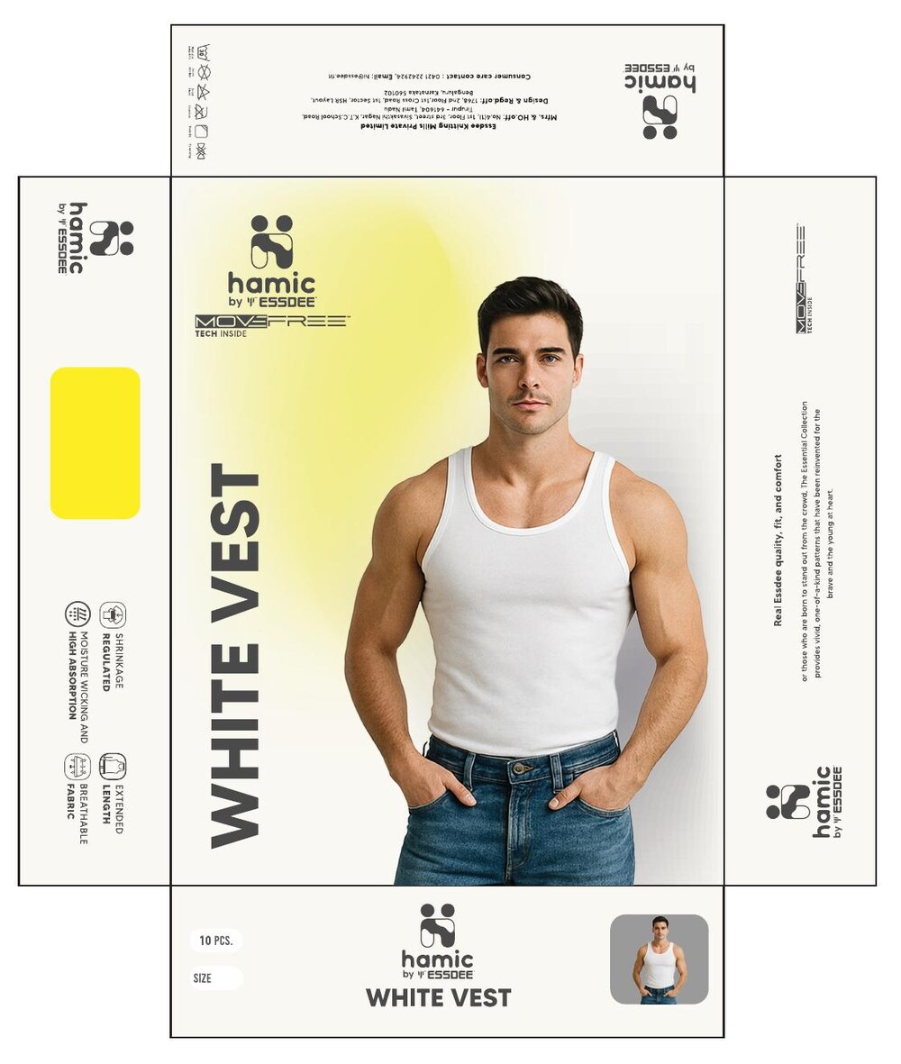 The Hamic white-vest box die-line — navy and sand, with the two-figure mark on the front panel.