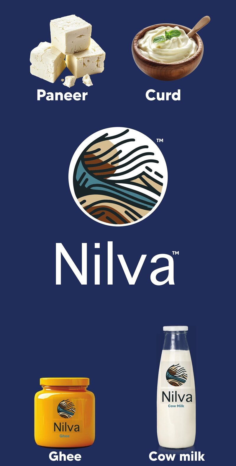 The Nilva packaging lineup on a navy ground — paneer, curd, a ghee jar and a milk bottle arranged around the sunrise mark and wordmark.