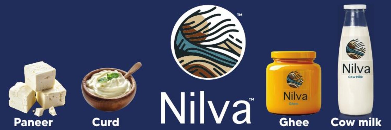 Nilva products lined up as a family on a navy ground — milk, paneer, curd and ghee, each carrying the sunrise mark.