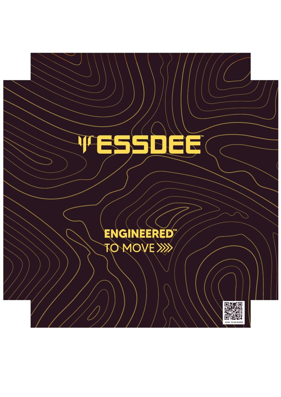 A Essdee packaging flat — deep maroon topographic pattern, gold wordmark, and the line Engineered to Move.