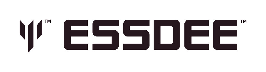 The new Essdee wordmark — flat black capitals with a sharp angular mark beside them.