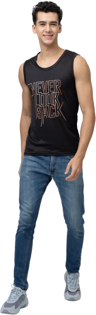 A second black vest from the Essentials range, studio cutout.