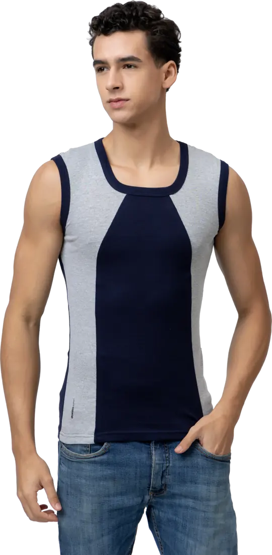 A navy Designer Vest, studio cutout.