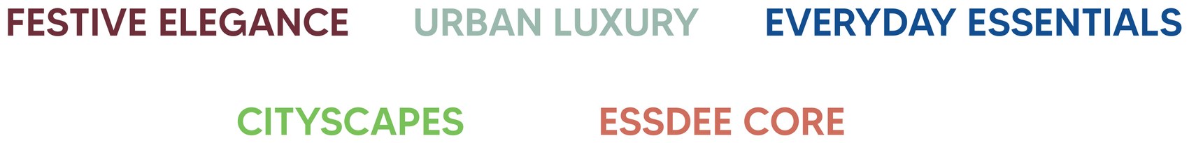 Collection wordmarks: Festive Elegance, Urban Luxury, Everyday Essentials, Cityscapes, Essdee Core
